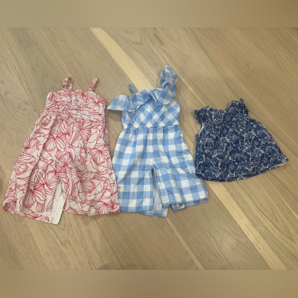 2 Jumpsuits and Blue Patterned Top
